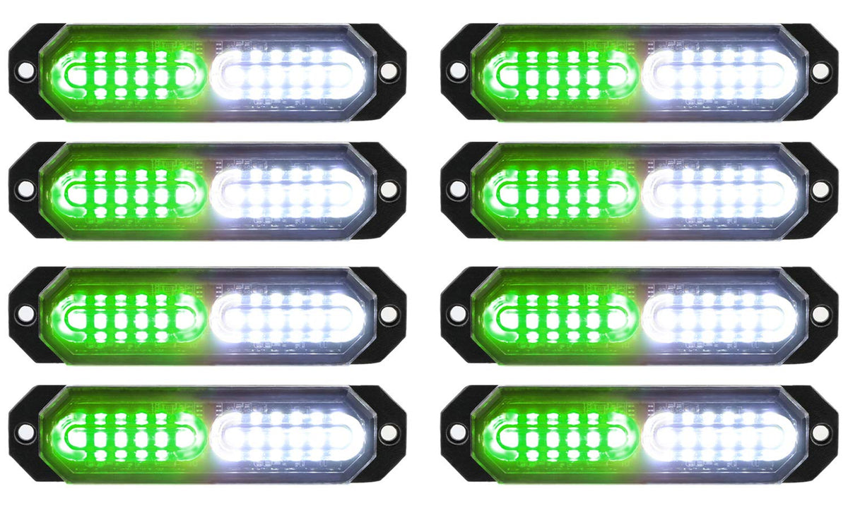 ASPL front view of grille lights showing bright green and white LEDs for high visibility