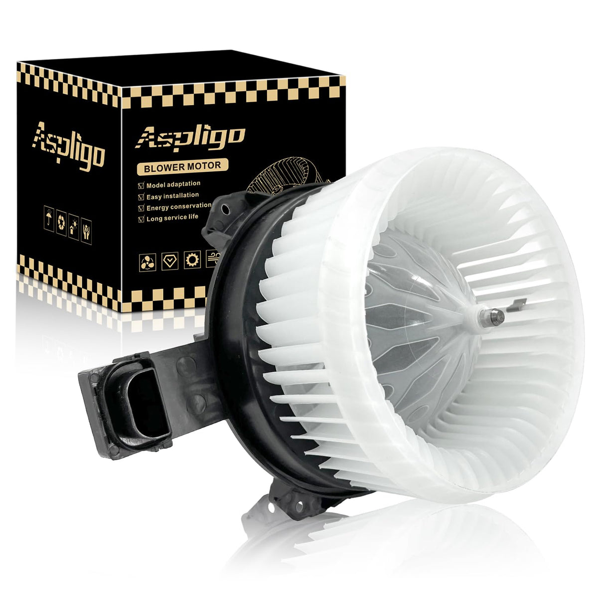Aspligo blower assembly front view showing fitment and airflow benefit