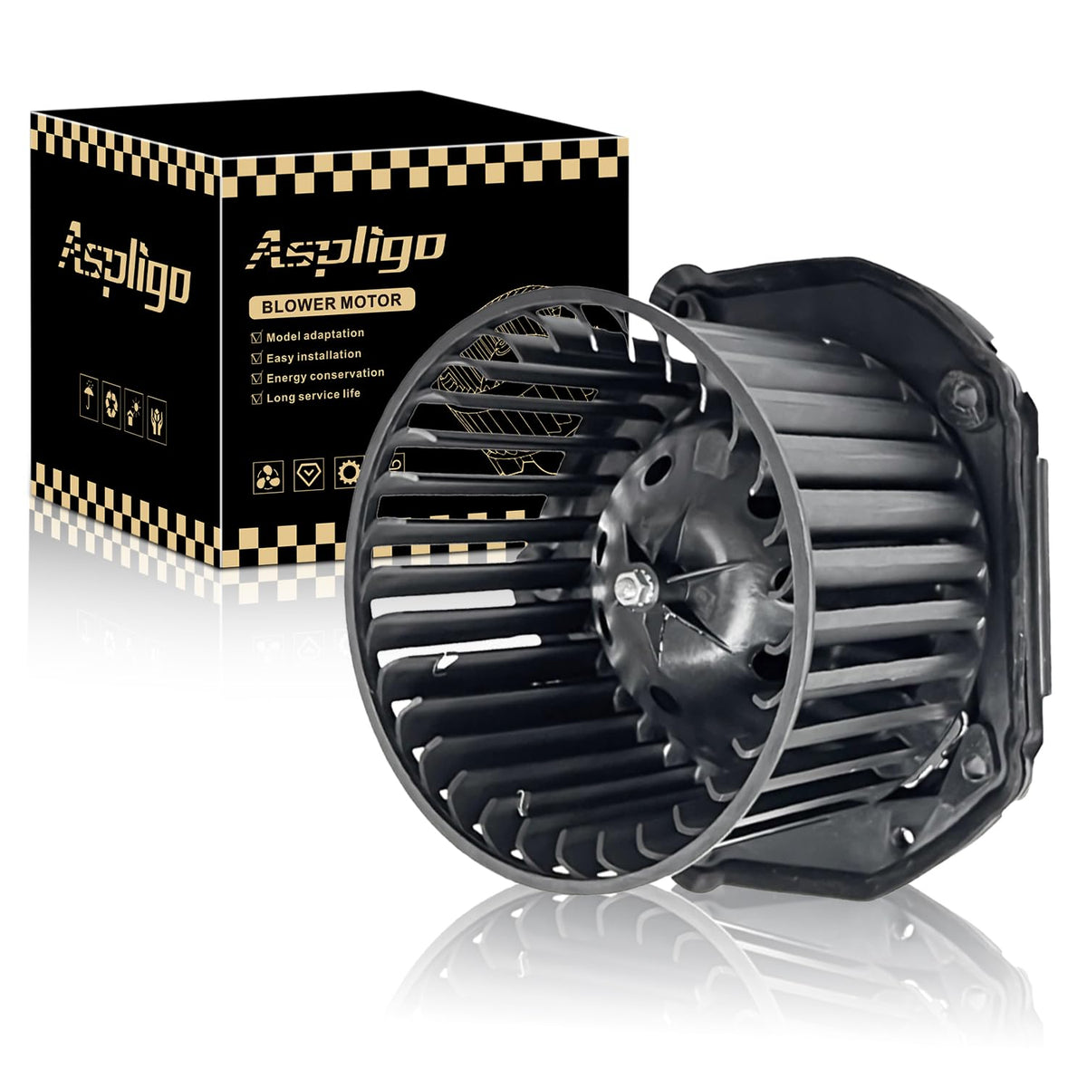 Aspligo blower front view showing mounting and full assembly for direct fit