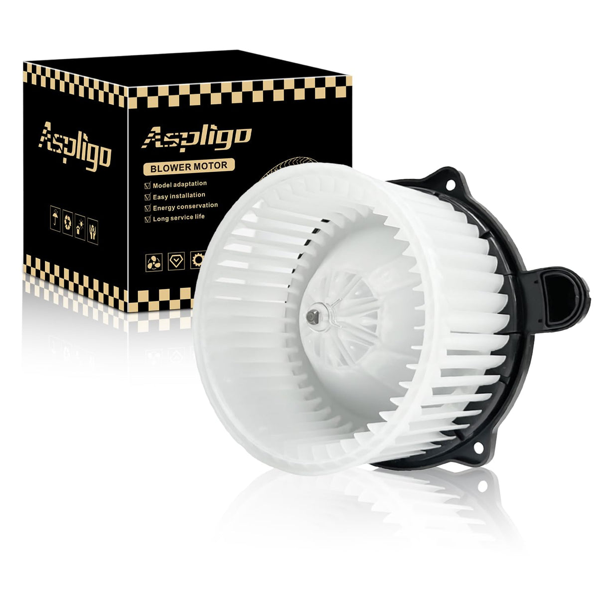 Aspligo front blower motor front view showing fitment and reliable airflow