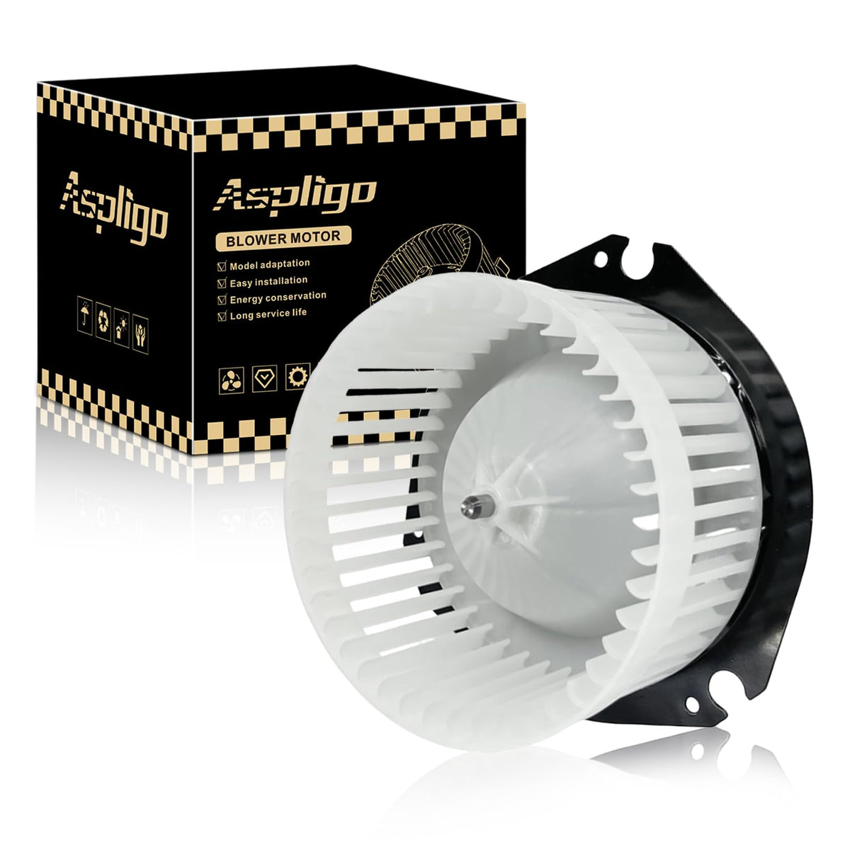 Aspligo front view blower motor showing mounting points and fitment benefit