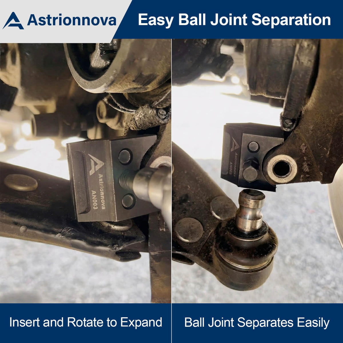 Astrionnova tool separating BMW lower ball joint illustrating easier removal and time savings
