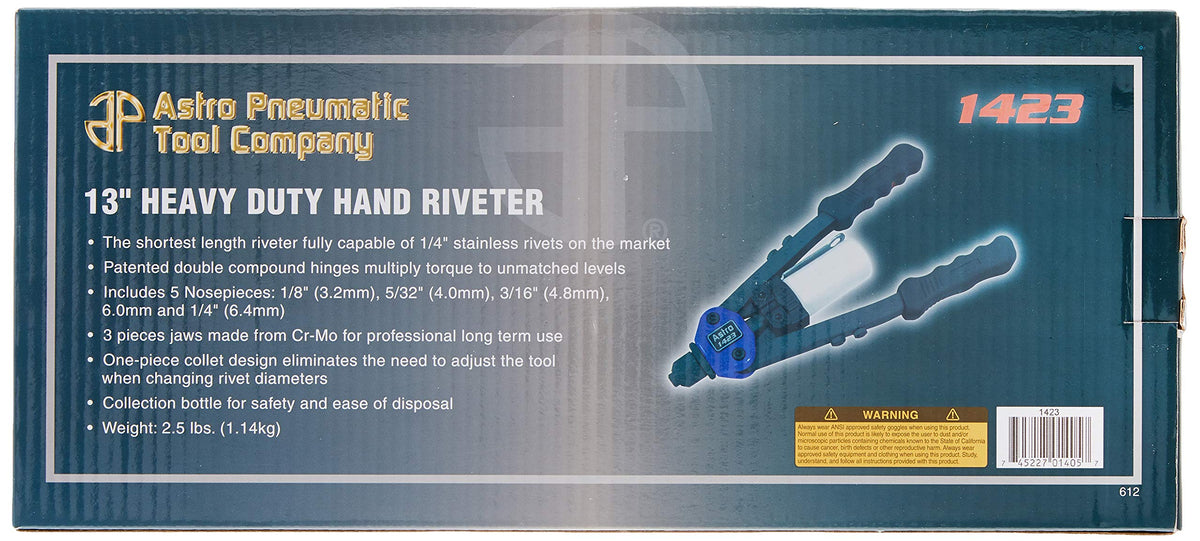 Astro Pneumatic 1423 setting a rivet in a tight space, demonstrates reach and leverage