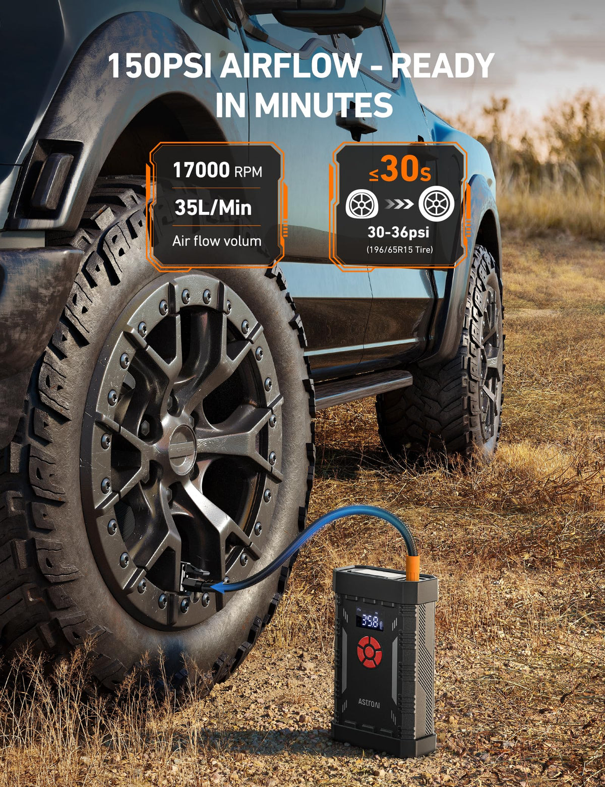AstroAI air compressor hose connection inflating tire quickly and accurately