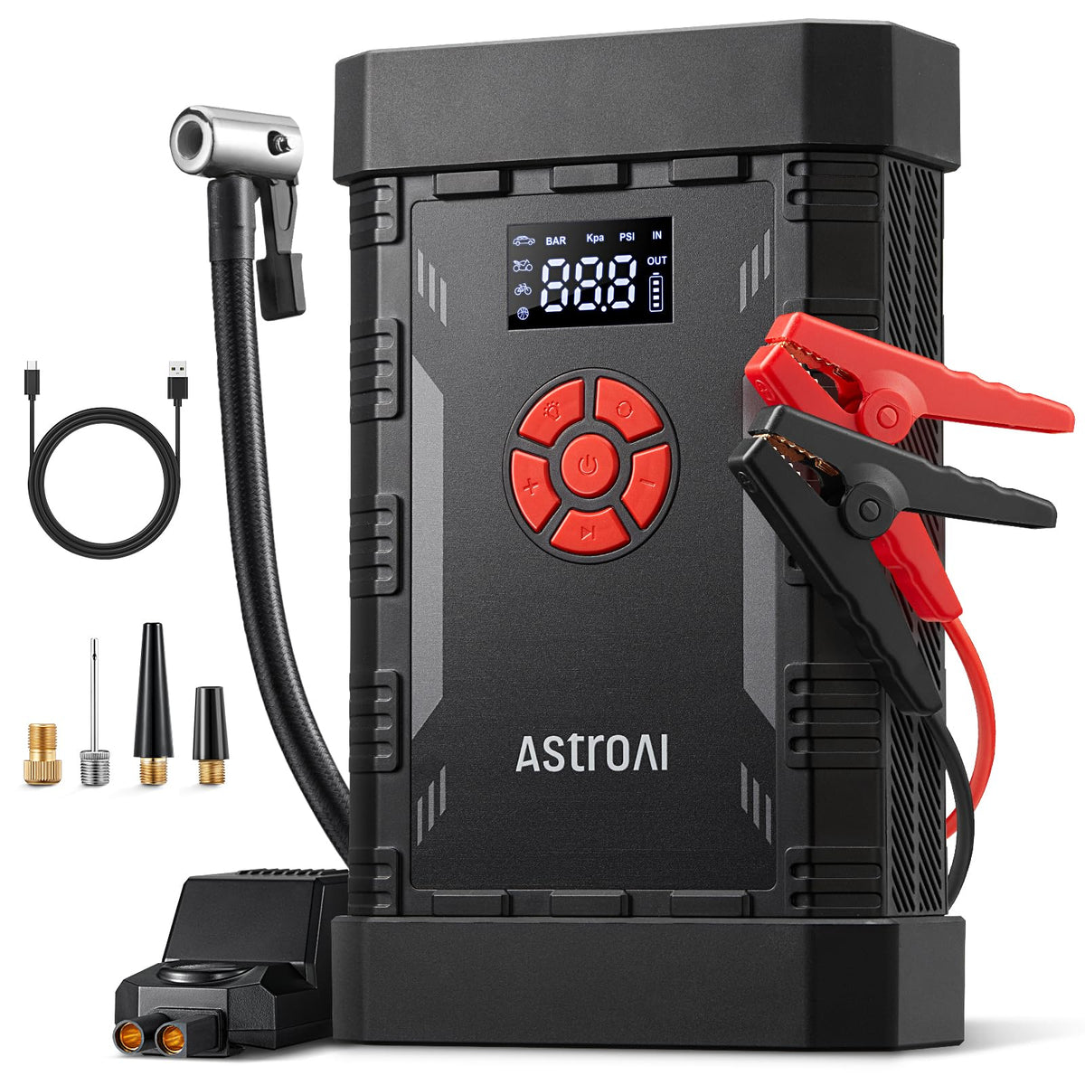 AstroAI A30 front view showing ports and compact design for roadside readiness