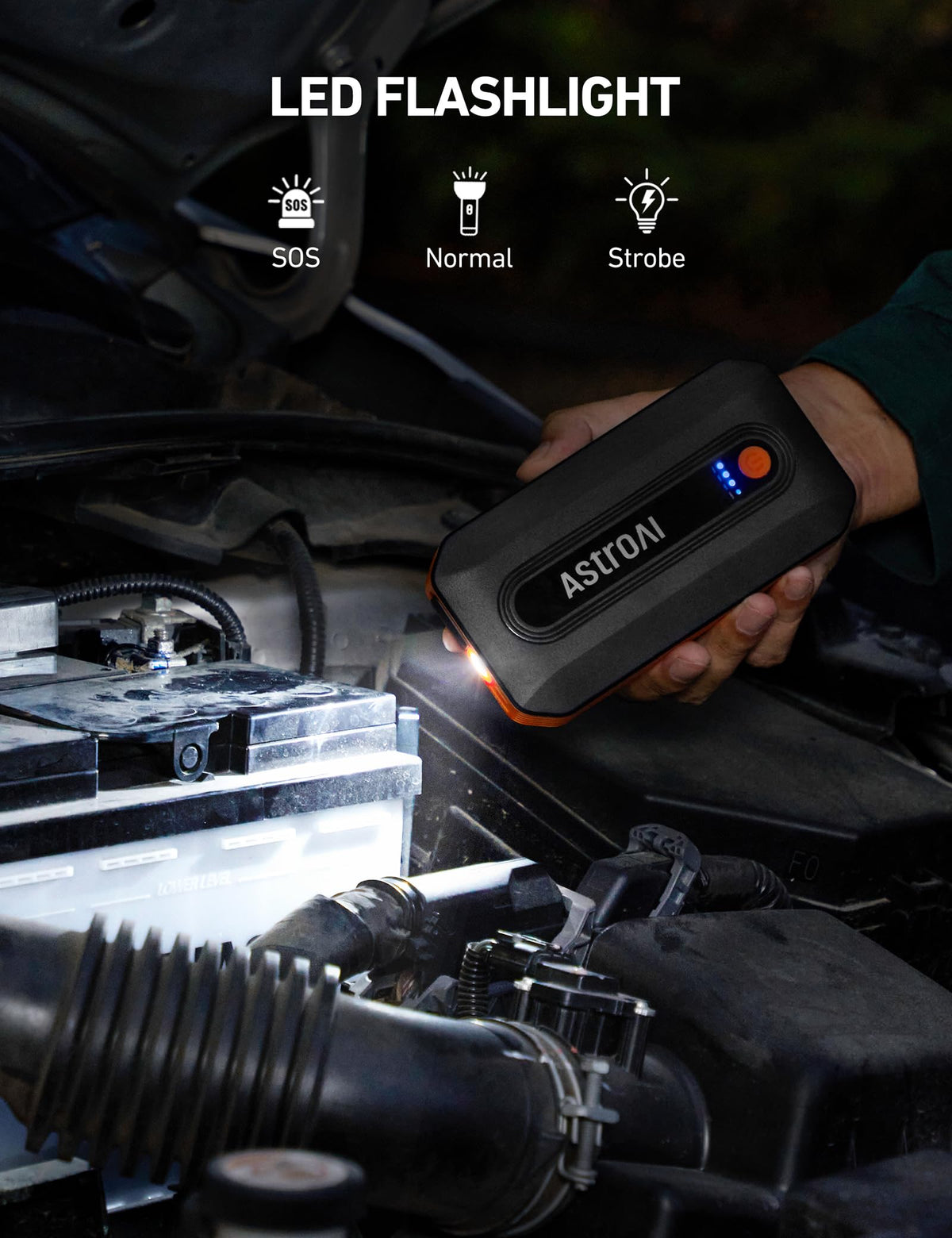 AstroAI LED flashlight modes illuminated showing SOS and strobe for emergency signaling