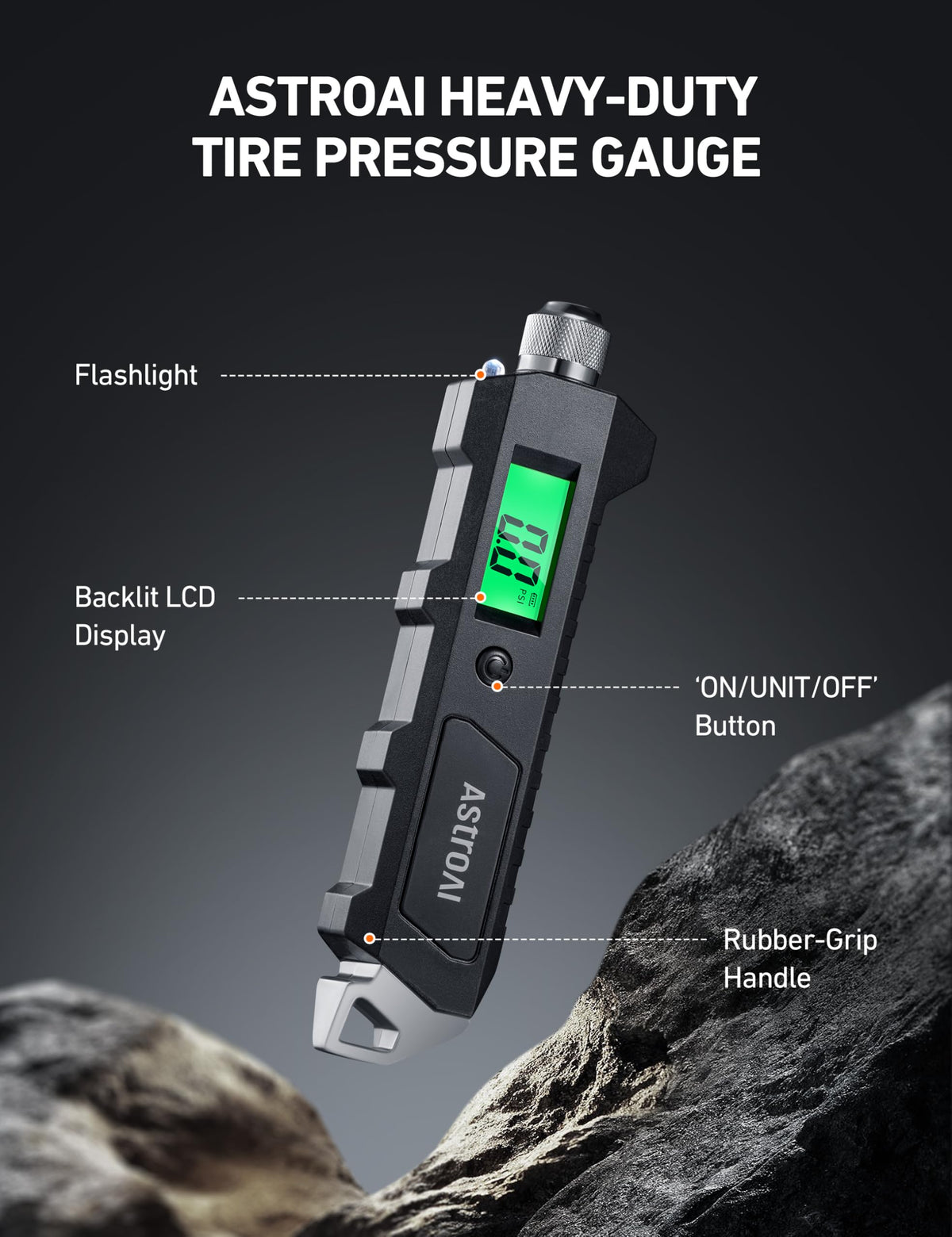 AstroAI close-up of green backlit LCD display for easy night-time readings benefit