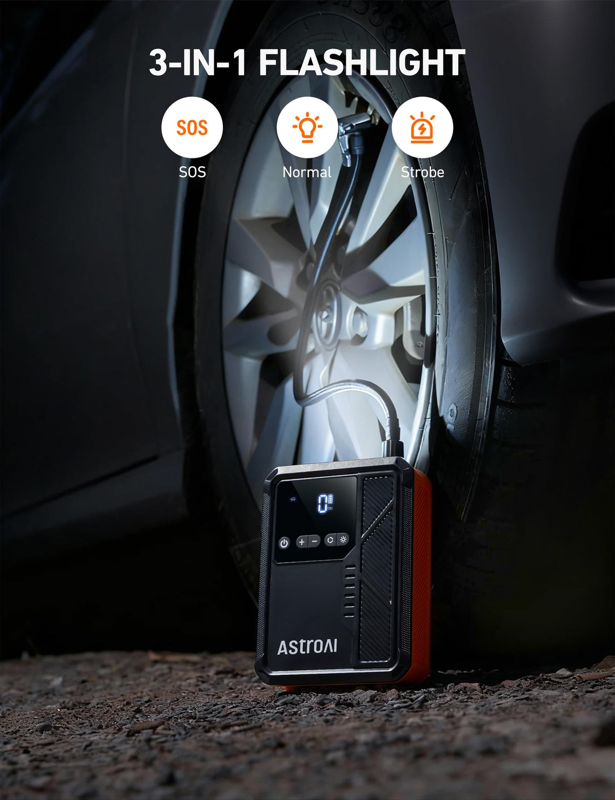 AstroAI Beta822 inflating a car tire illustrating fast 150PSI fill and auto-shutoff safety
