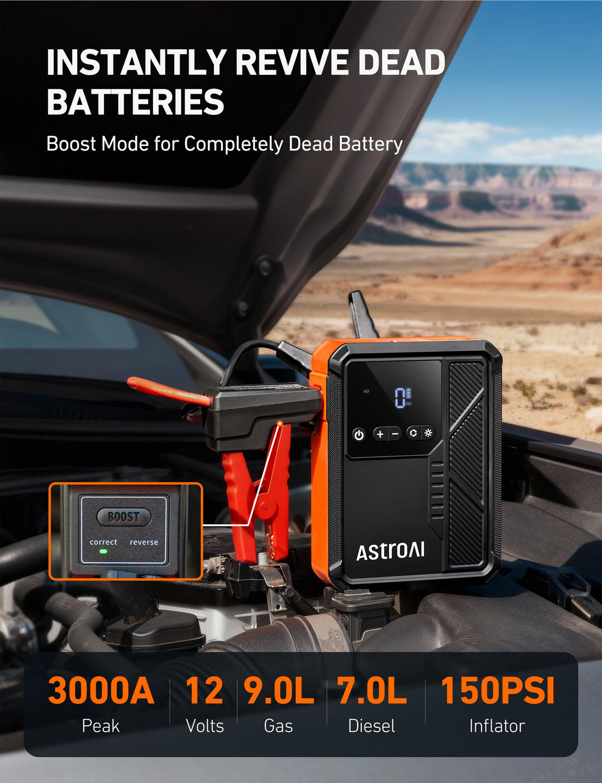 AstroAI Beta822 smart jumper clamps attached to battery showing safe spark-proof connection