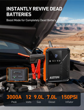 AstroAI Beta822 smart jumper clamps attached to battery showing safe spark-proof connection