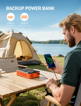 AstroAI Beta822 close-up of USB-A and USB-C ports providing emergency charging power