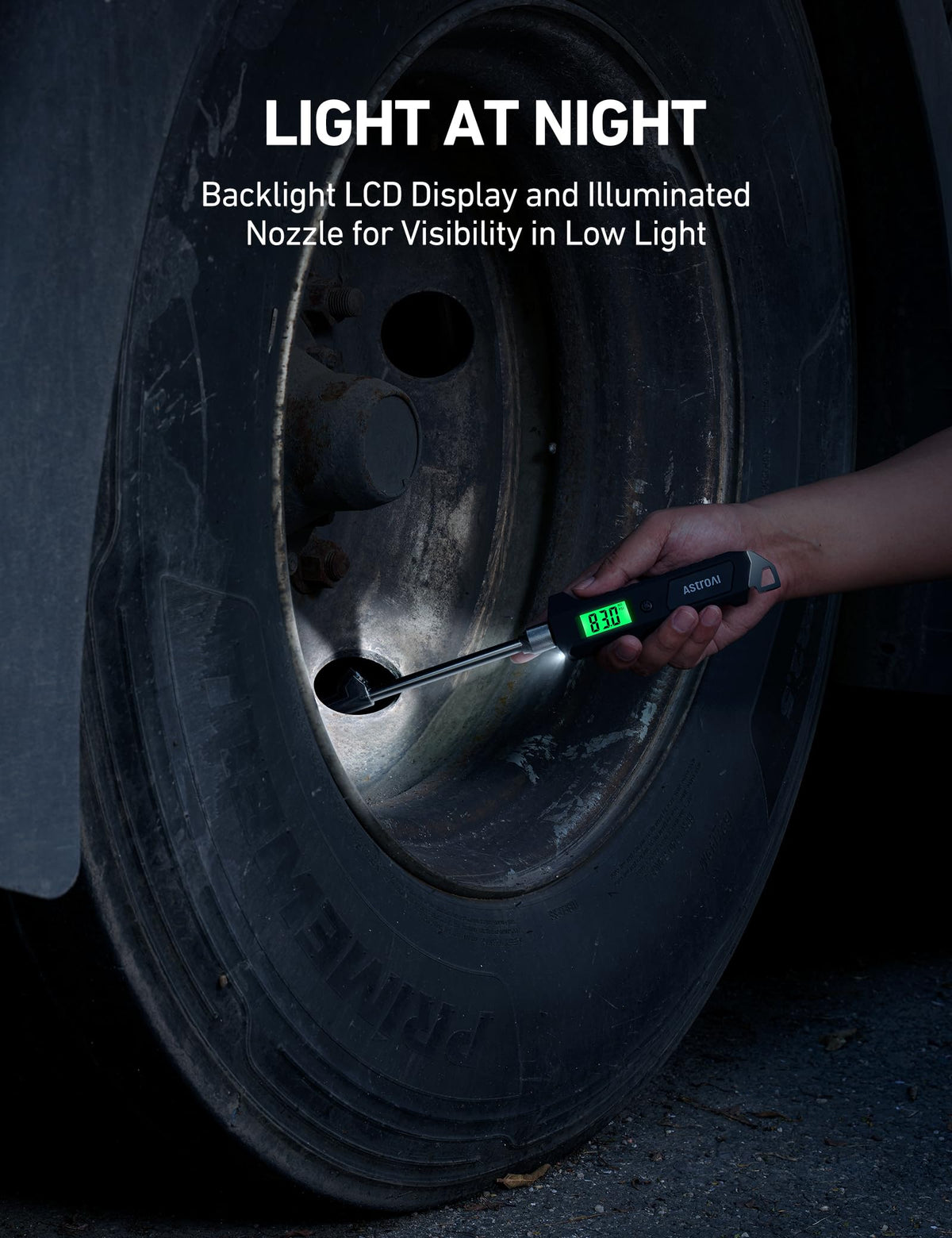 AstroAI built-in flashlight illuminating a valve stem for accurate placement