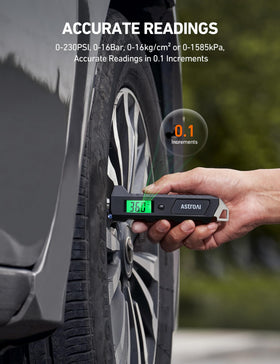 AstroAI built-in flashlight lighting a tire valve for roadside visibility benefit