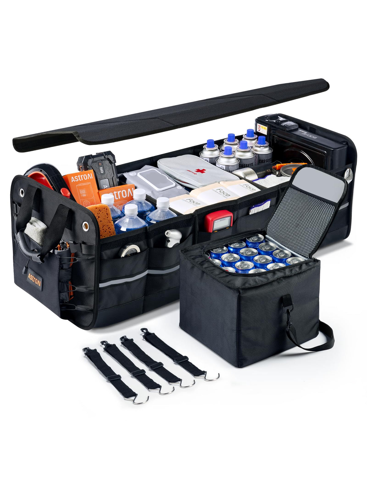 AstroAI front view showing large organizer and sturdy construction benefit