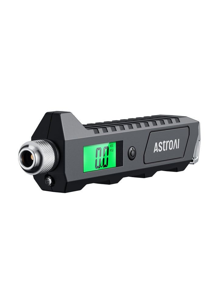 AstroAI front view of digital tire pressure gauge showing overall design and screen benefit