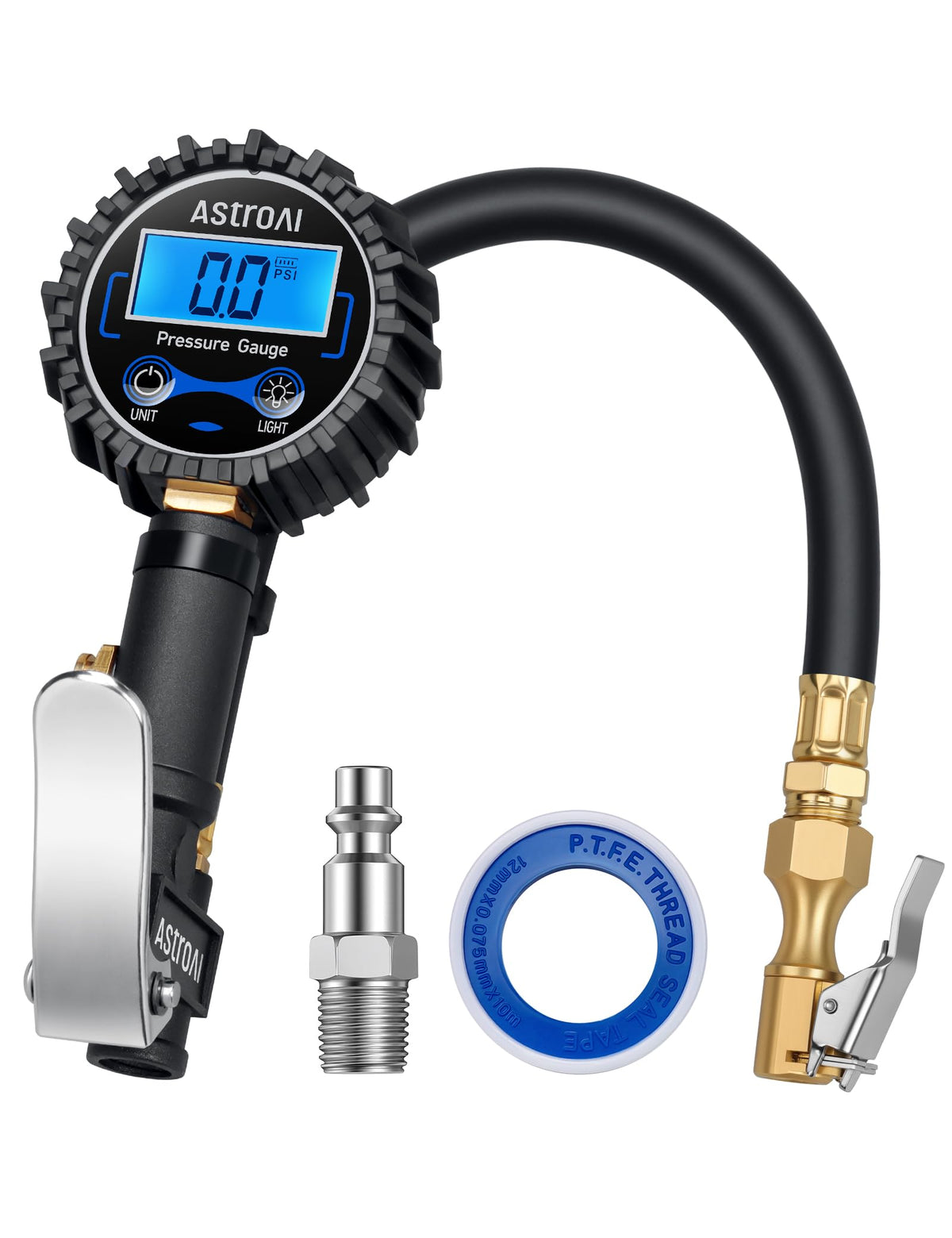 AstroAI digital gauge front view showing controls and compact design for quick checks