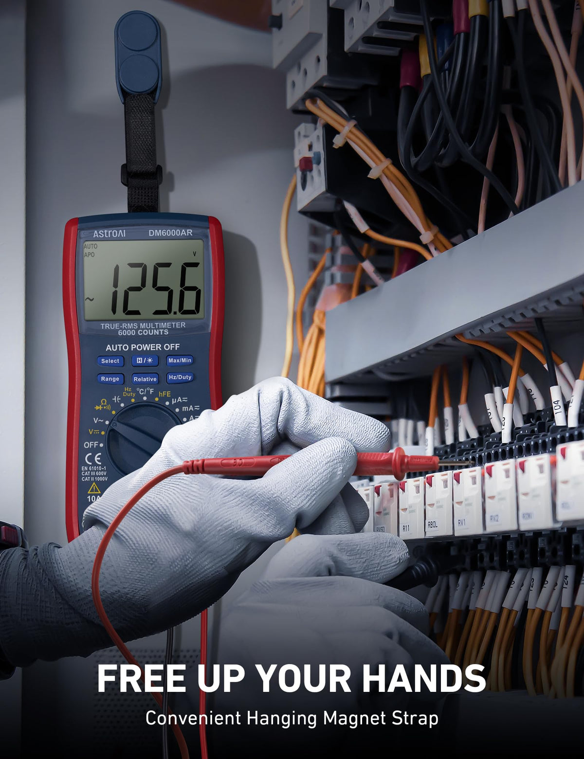 AstroAI multimeter measuring a car battery delivering diagnostic confidence