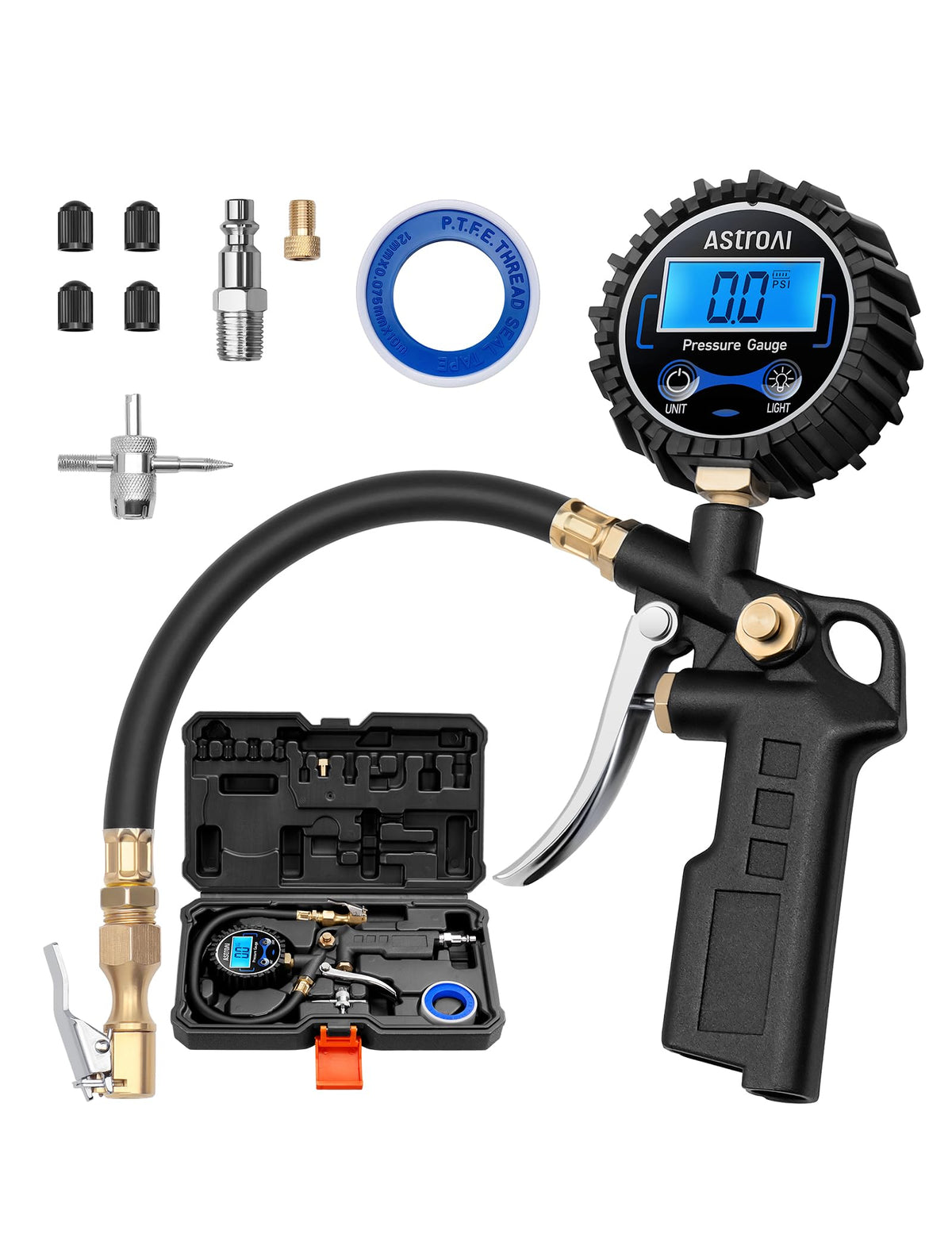 AstroAI inflator front view showing compact gauge and controls for quick checks