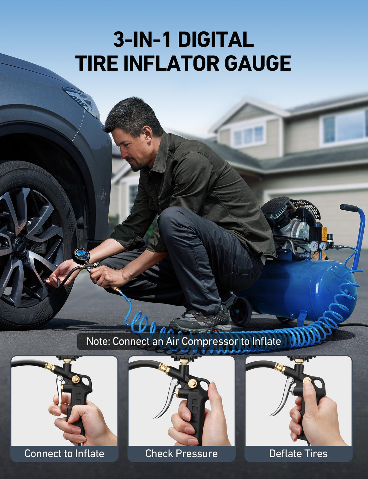 AstroAI inflator attached to a car tire enabling fast on-road adjustments