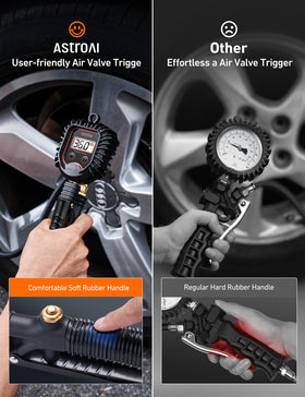 AstroAI inflator in use on car tire demonstrating easy roadside pressure adjustments