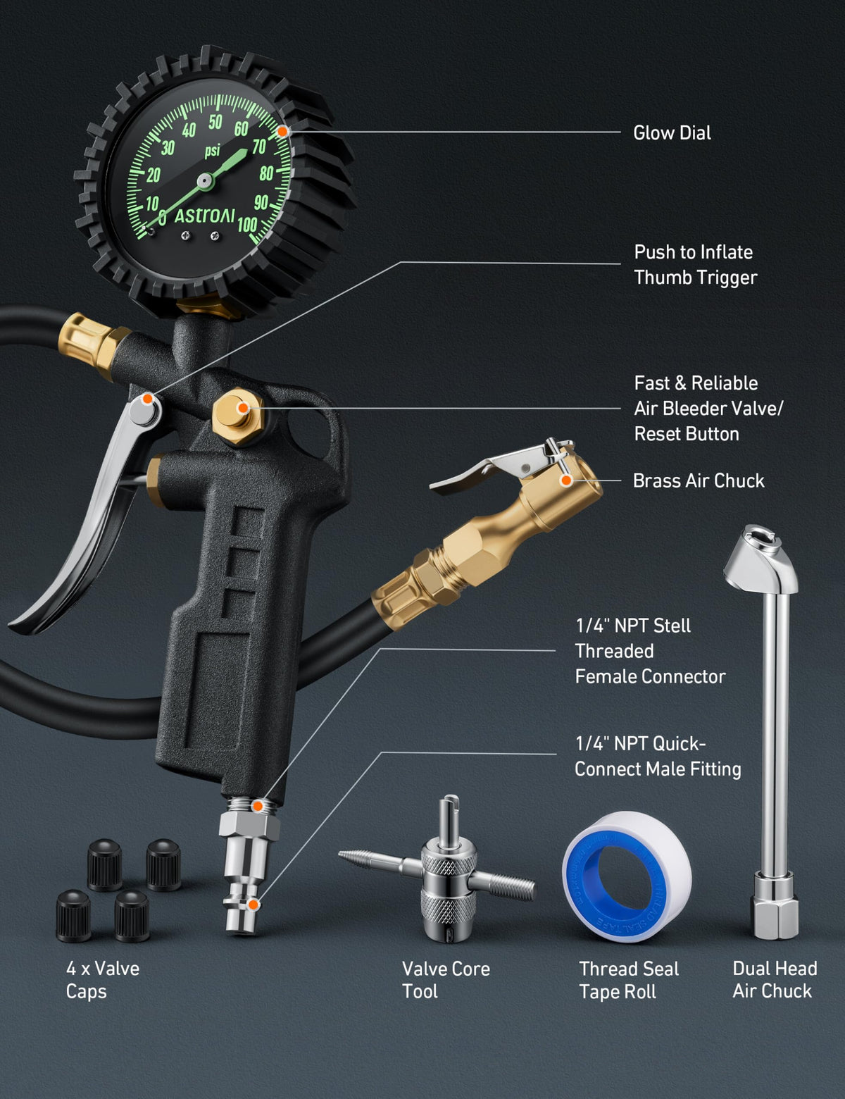 AstroAI inflator connected to a 1/4" NPT quick-connect compressor for fast inflation