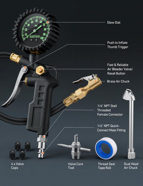 AstroAI inflator connected to a 1/4" NPT quick-connect compressor for fast inflation