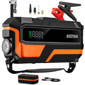 AstroAI M10 front view showing compact carry case and controls, ready for roadside use
