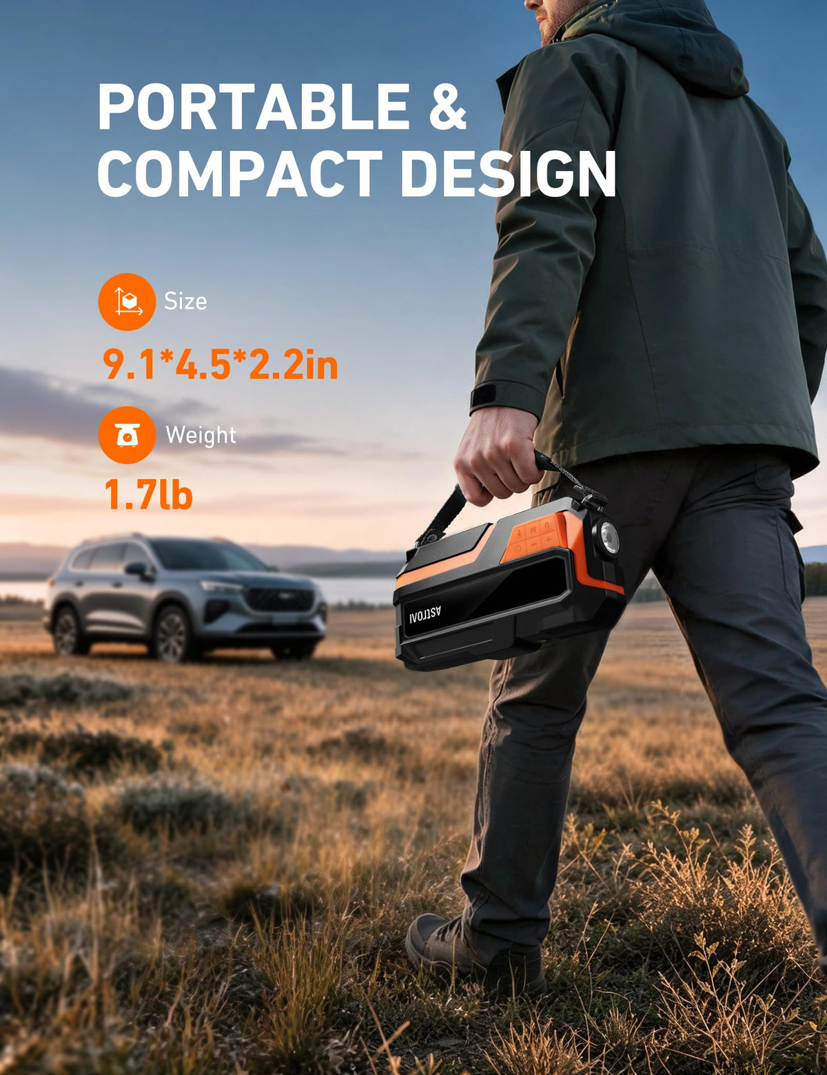 AstroAI M10 inflating a car tire showing fast, accurate pressure top-off benefit