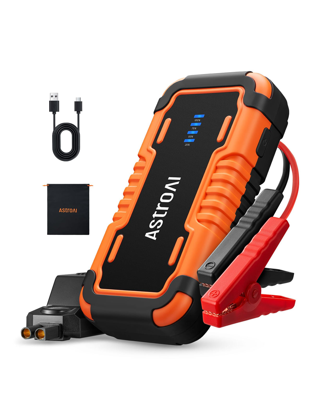 AstroAI P10 front view showing compact jump starter with clear display and benefits