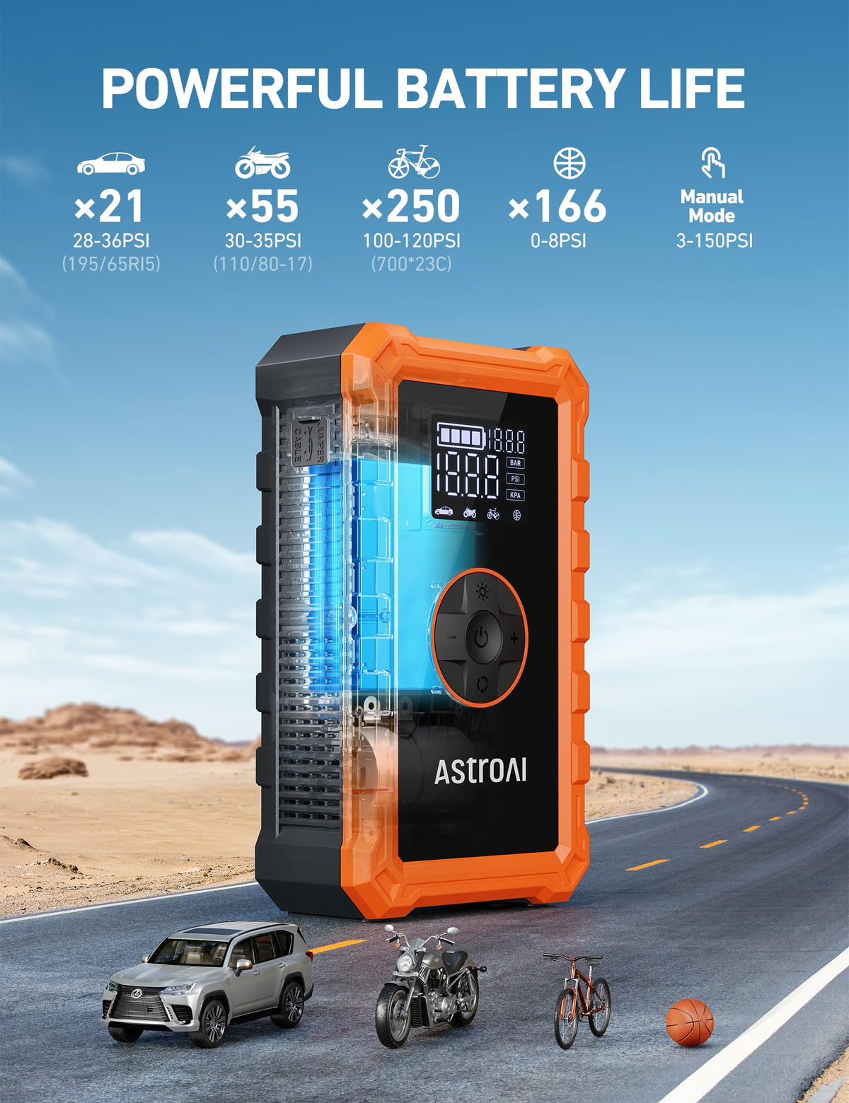 AstroAI S8 Air inflator nozzle closeup showing secure tire connection