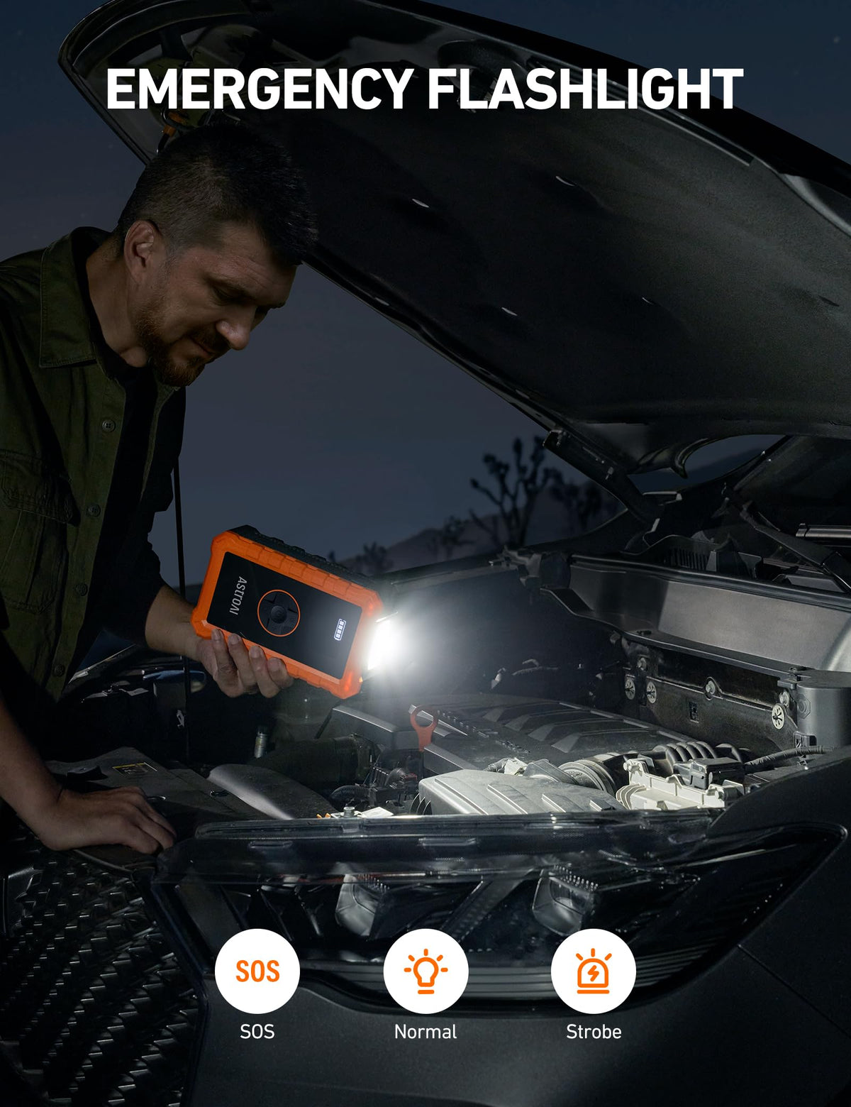 AstroAI S8 Air roadside lifestyle with flashlight and inflator in use