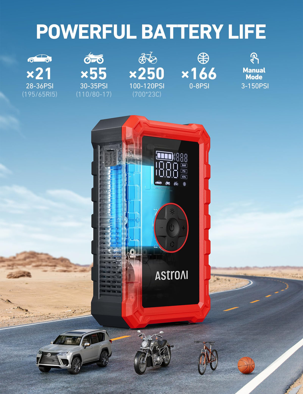 AstroAI S8 Air compressor inflating a car tire quickly and automatically