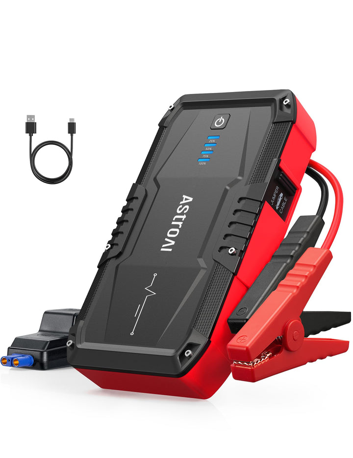 AstroAI S8 front view showing compact jump starter and handles for emergency readiness