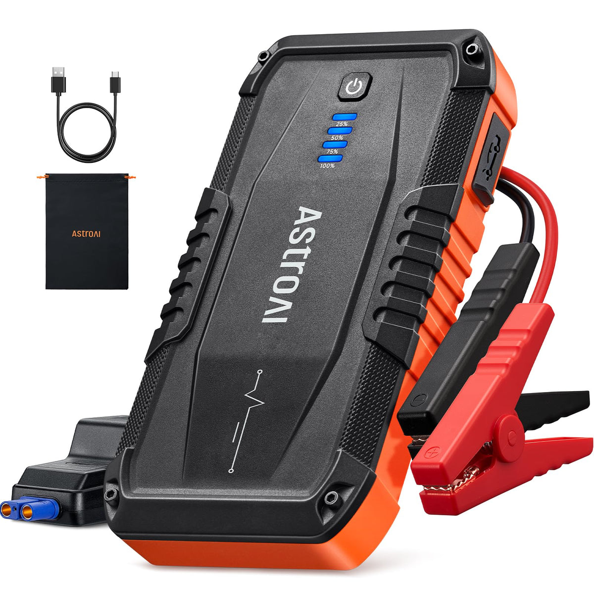 AstroAI S8 front view showing compact orange housing and controls for quick identification and portability