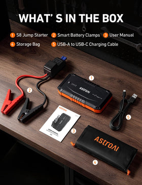AstroAI jump starting a car engine demonstrating fast-crank capability and roadside utility