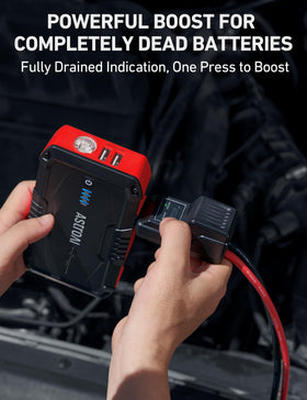 AstroAI S8 smart jumper cable close-up showing voltage indicator for safer connections