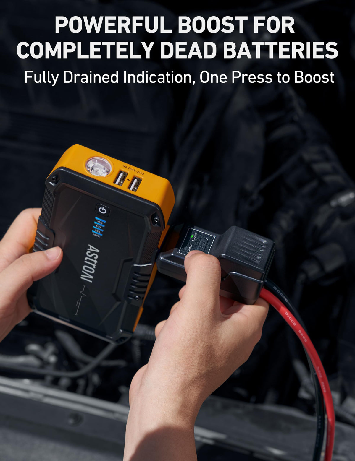 AstroAI S8 smart jumper cables connected to battery highlighting secure safe clamps