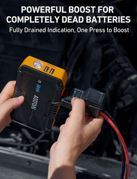 AstroAI S8 smart jumper cables connected to battery highlighting secure safe clamps