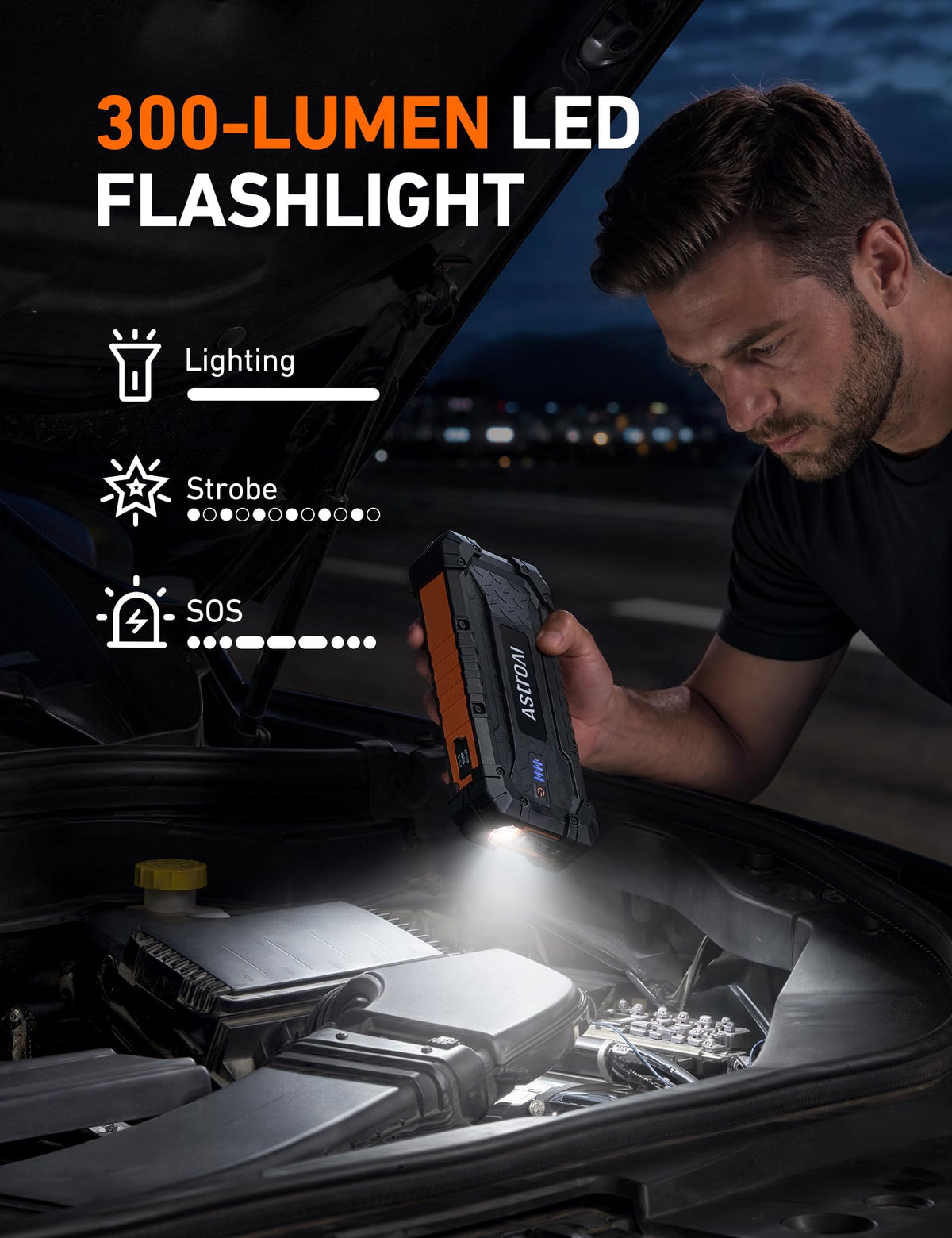 AstroAI jump starter connected to car battery demonstrating quick vehicle restart benefit