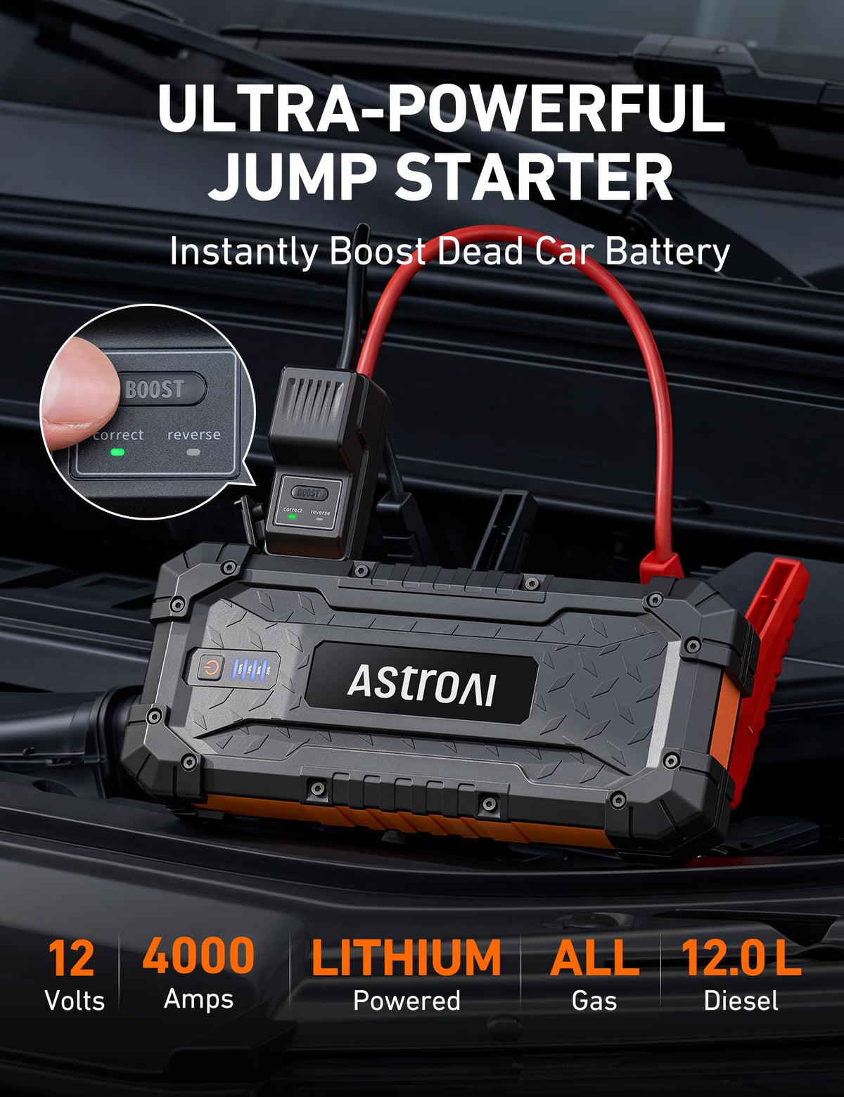 AstroAI smart jumper clamps close-up showing LED indicators and safe connection benefit