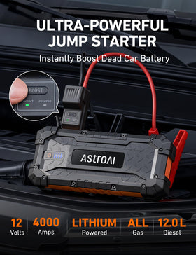 AstroAI smart jumper clamps close-up showing LED indicators and safe connection benefit