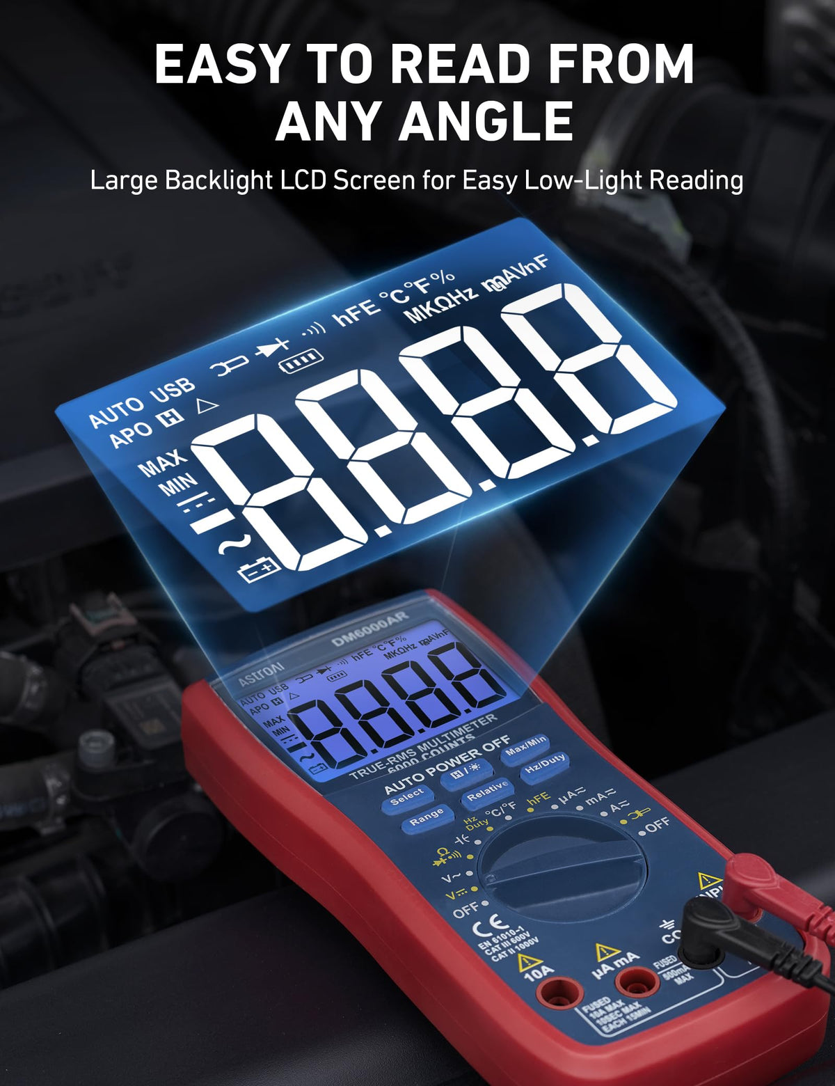 AstroAI test leads and temperature probe arranged for quick setup and safety