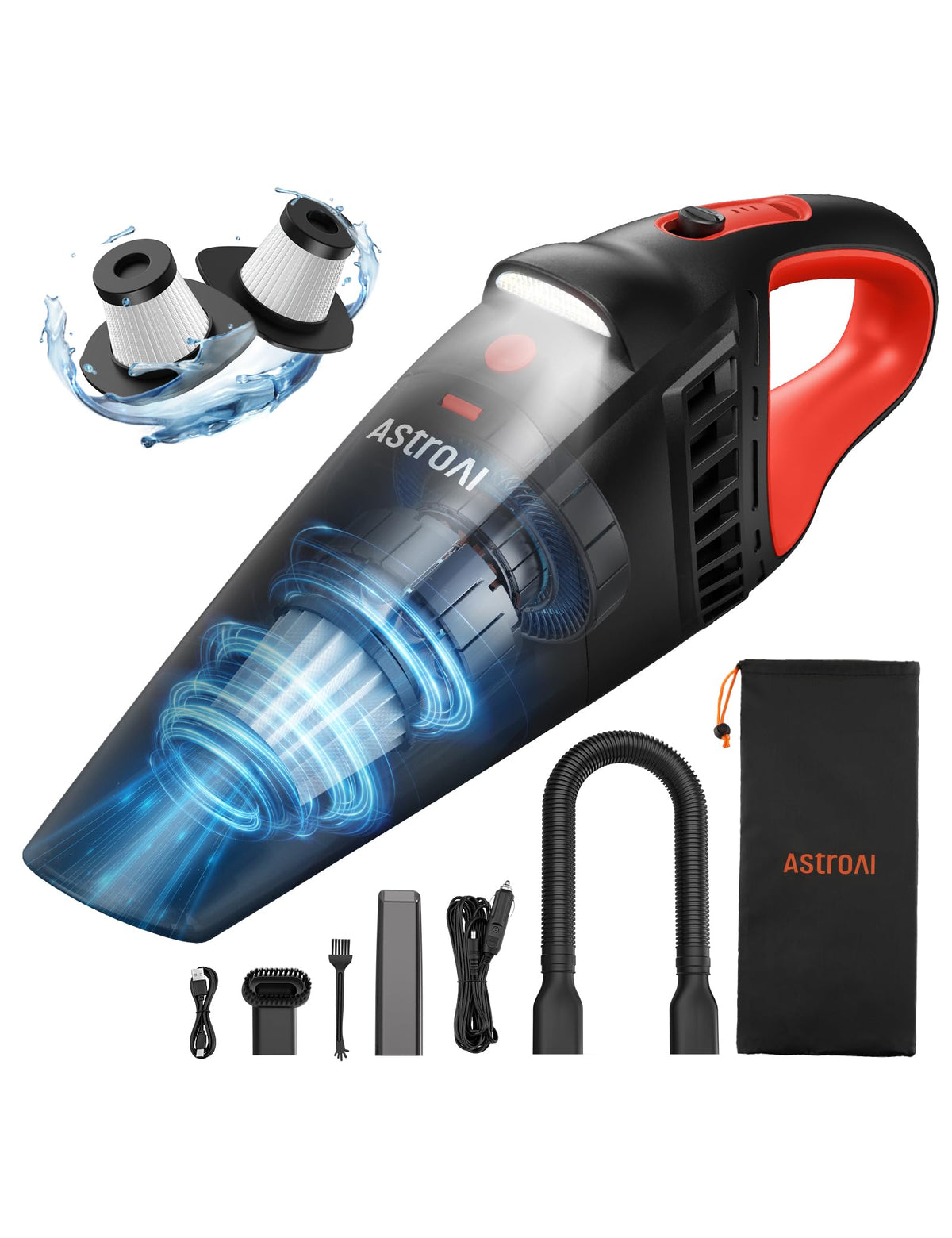 AstroAI V2 front view showing compact body and nozzle for portable cleaning