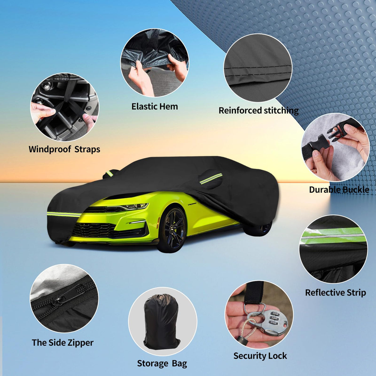 ATBKJ cover side detail with mirror pocket protecting Camaro mirrors