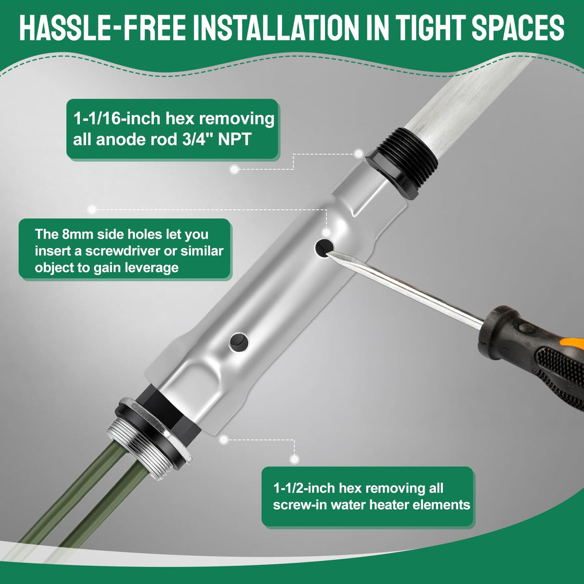 ATEEfaee dual-ended socket wrench showing 1-1/2" and 1-1/16" ends for convenient servicing