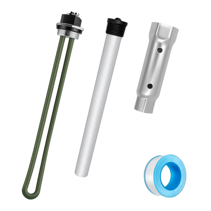 ATEEfaee complete kit laid out showing element, anode, wrench, tape - ready for maintenance