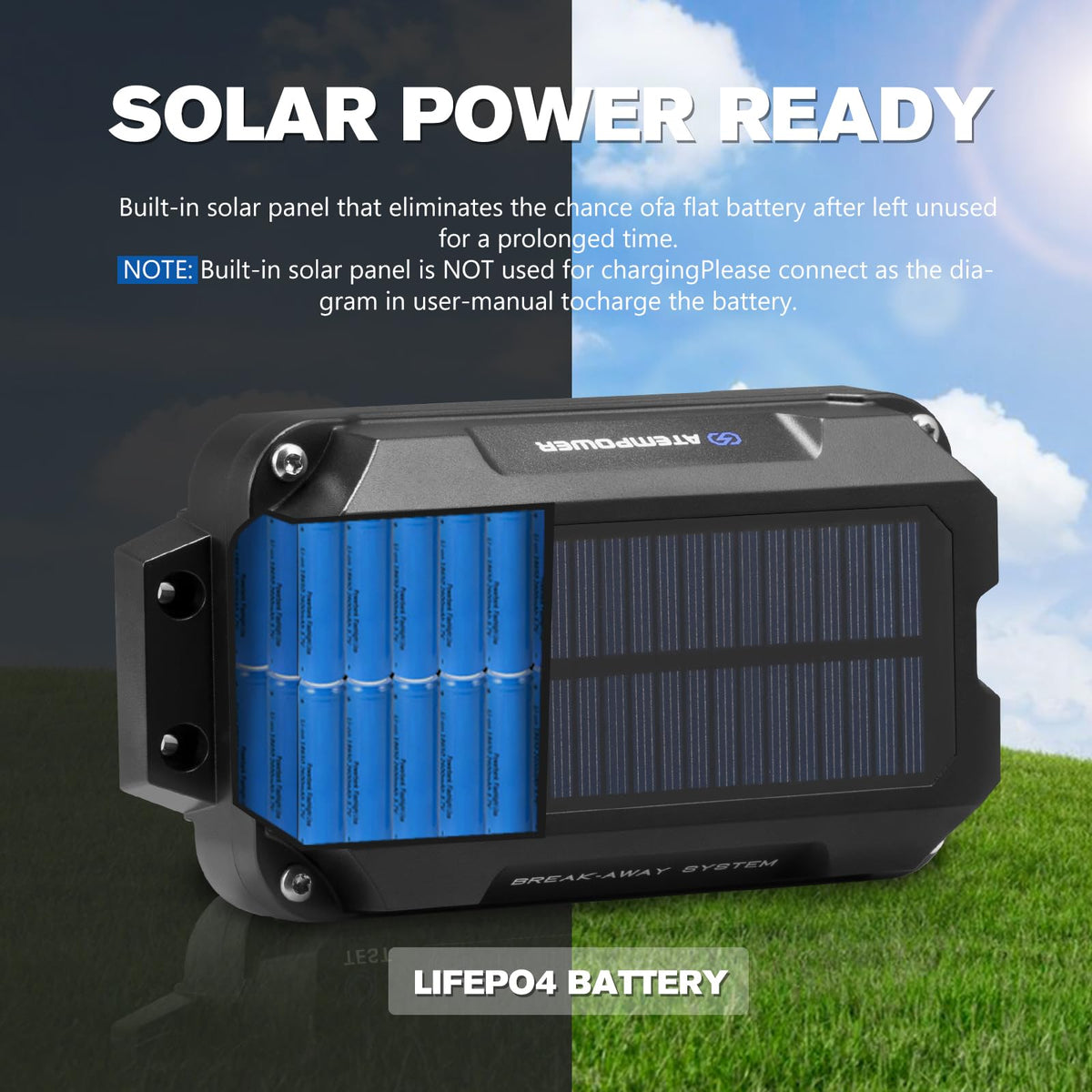 ATEM POWER close-up solar panel surface preserving battery charge while parked benefit