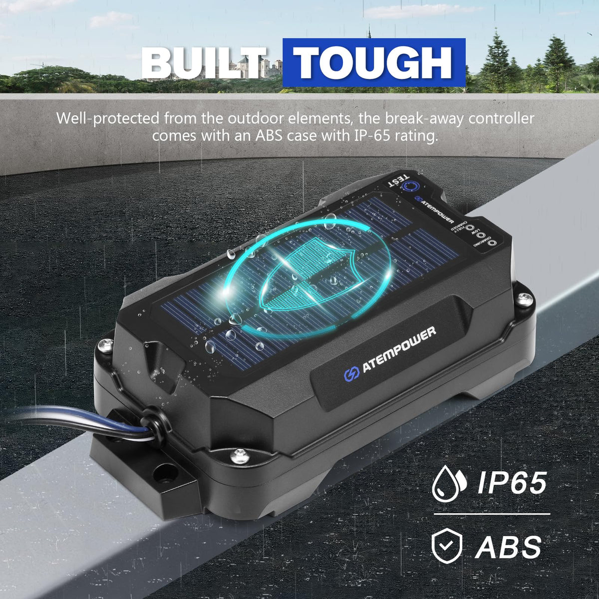 ATEM POWER LiFePO4 battery terminal detail showing secure connections and reliable power benefit