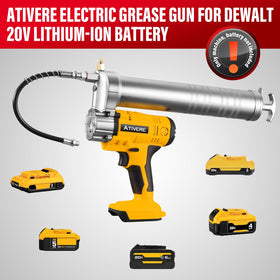 ATIVERE grease gun side profile with 12" spring flex hose demonstrating extended reach and access