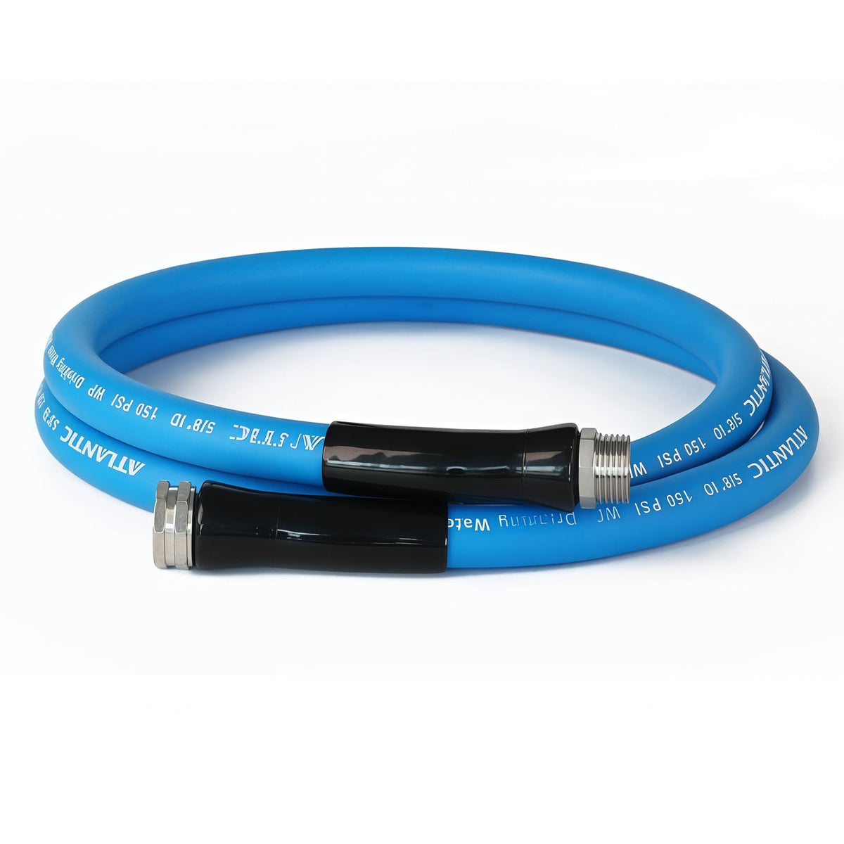 Atlantic front view of 8 ft potable water hose showing compact packaging and brand
